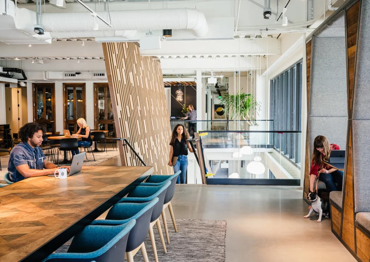 The Shop's open floor: a long communal table with blue chairs, timber screens and people working on laptops