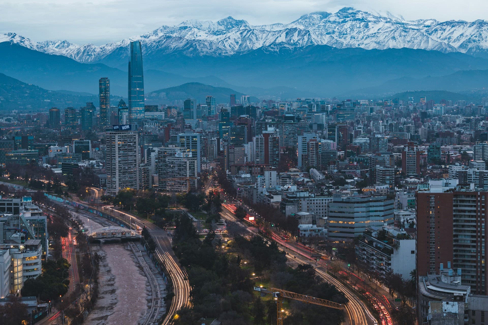 Santiago at dusk under the snow-capped Andes