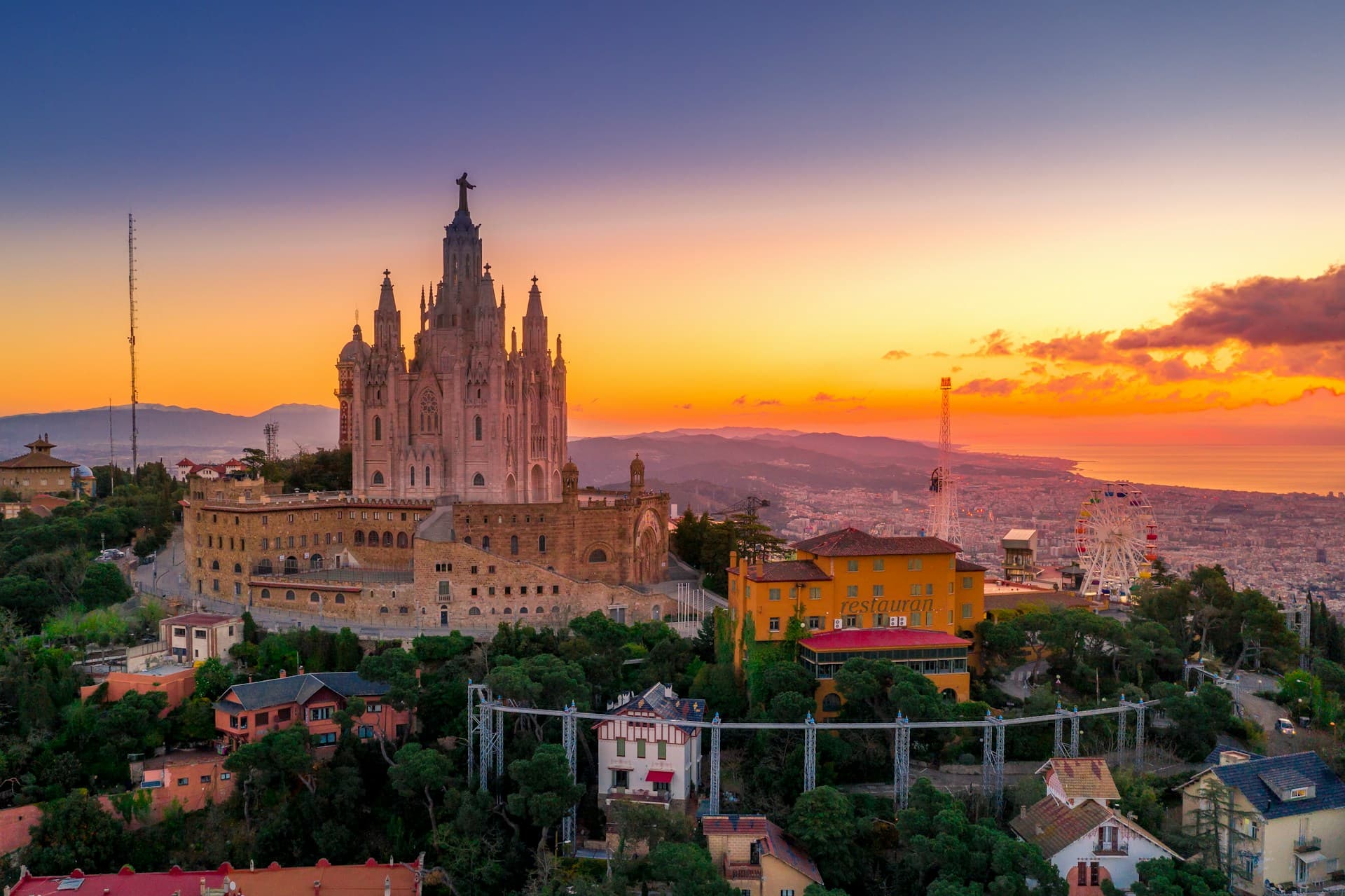 Tibidabo's basilica above Barcelona at sunset