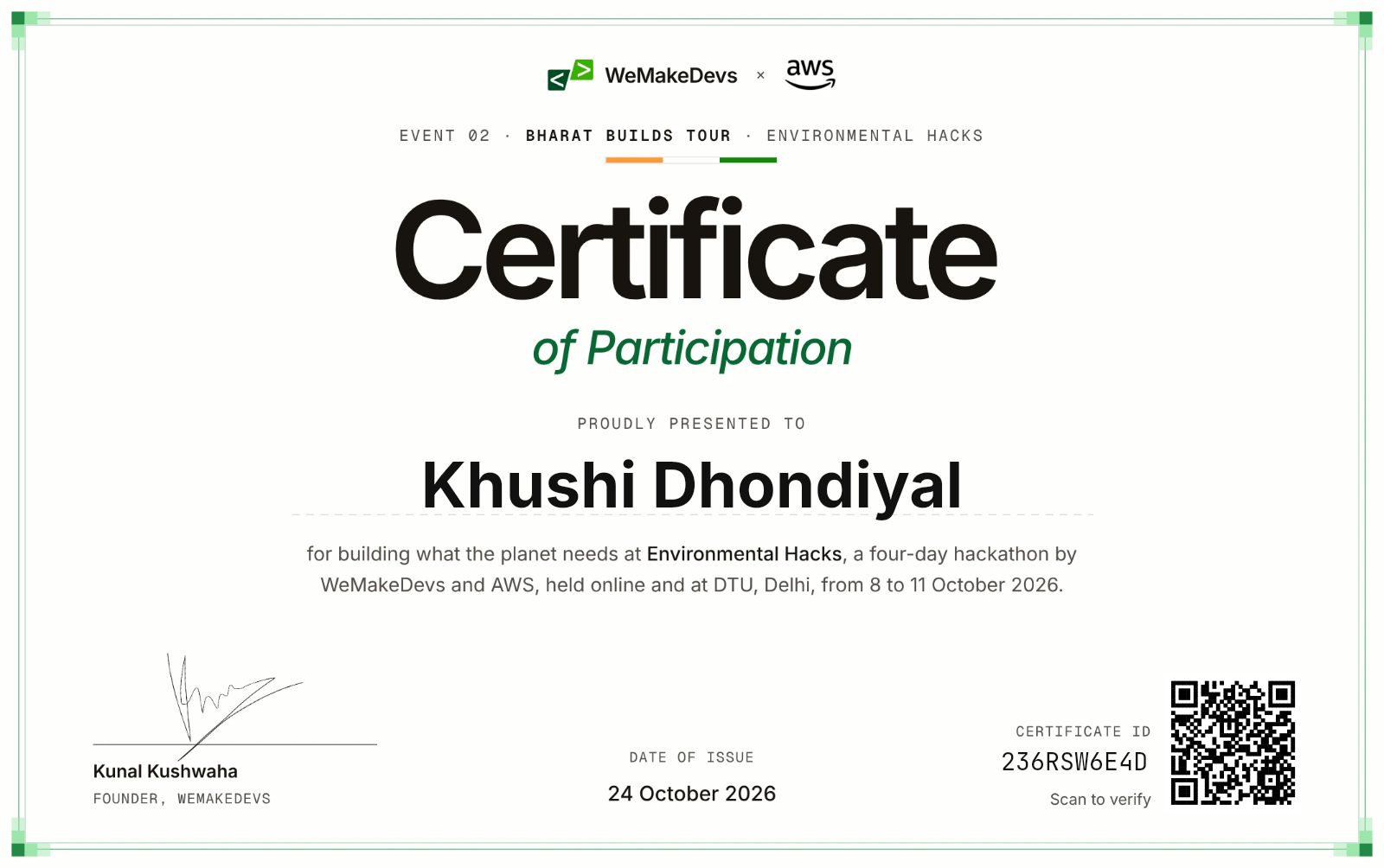 Certificate of Participation in Environmental Hacks, issued to Khushi Dhondiyal