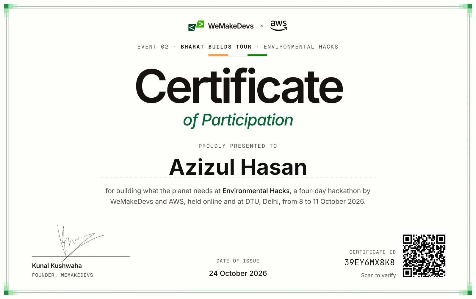 Certificate of Participation in Environmental Hacks, issued to Azizul Hasan