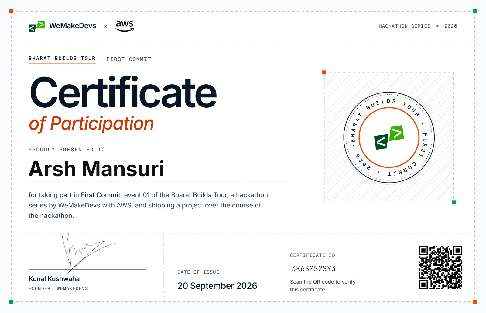 Certificate of Participation in First Commit, issued to Arsh Mansuri