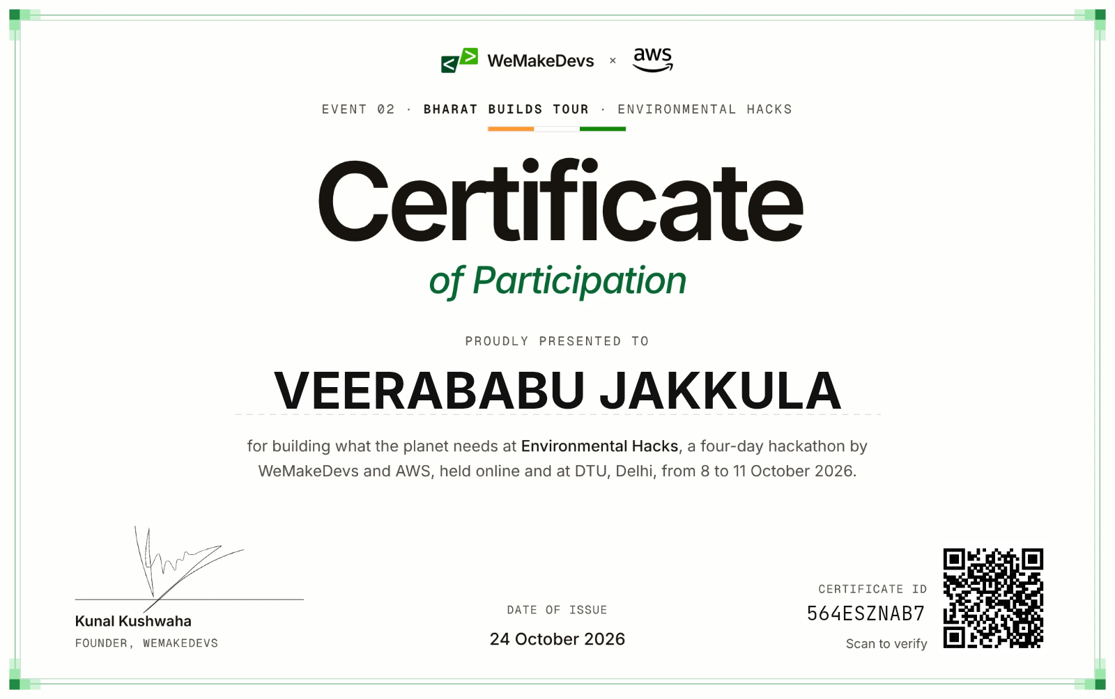 Certificate of Participation in Environmental Hacks, issued to VEERABABU JAKKULA