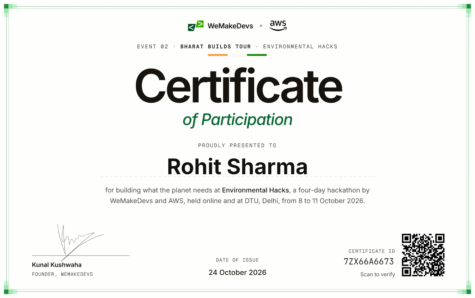 Certificate of Participation in Environmental Hacks, issued to Rohit Sharma