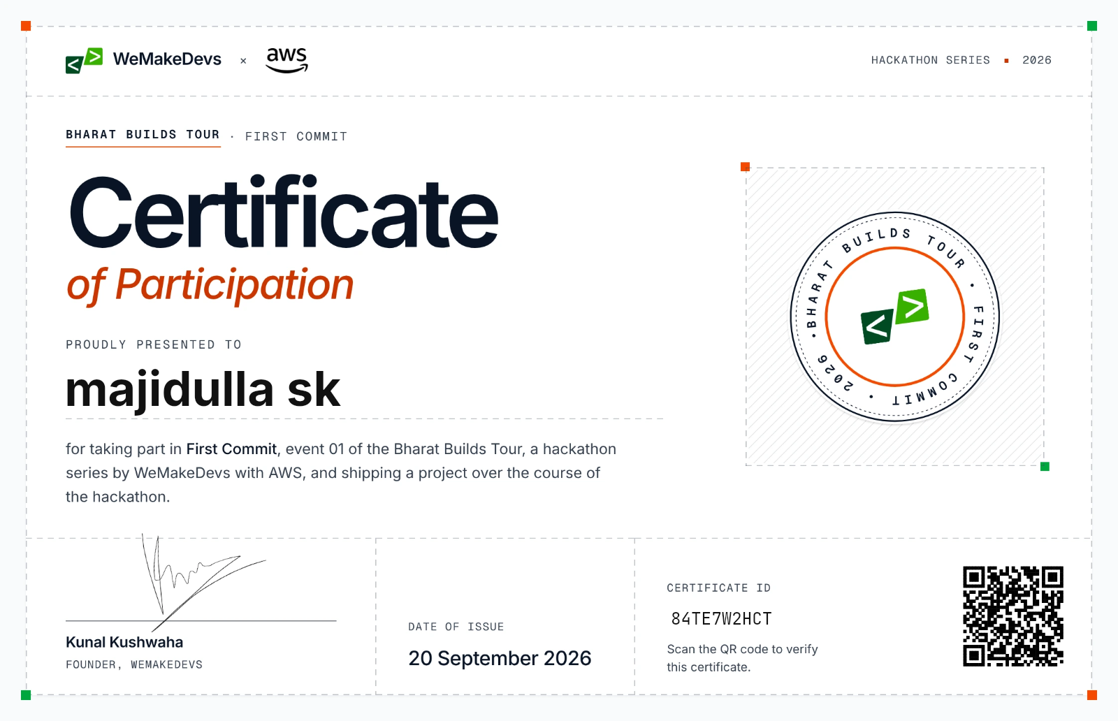 Certificate of Participation in First Commit, issued to majidulla sk