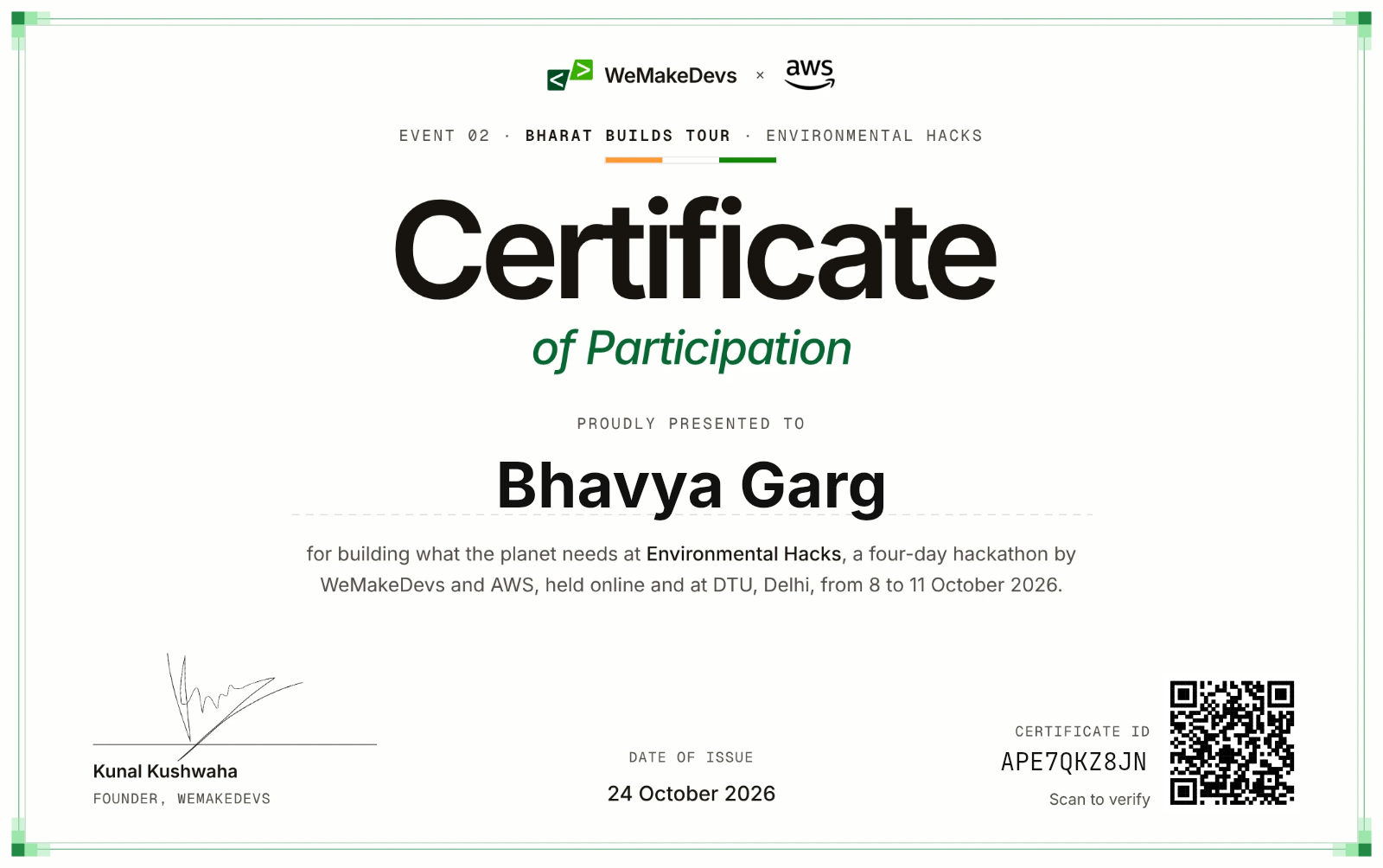 Certificate of Participation in Environmental Hacks, issued to Bhavya Garg
