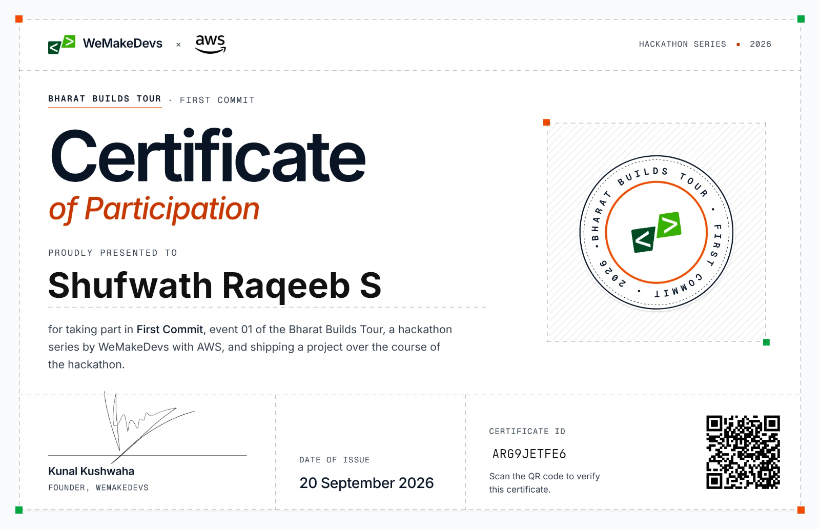 Certificate of Participation in the First Commit Hackathon, issued to Shufwath Raqeeb S