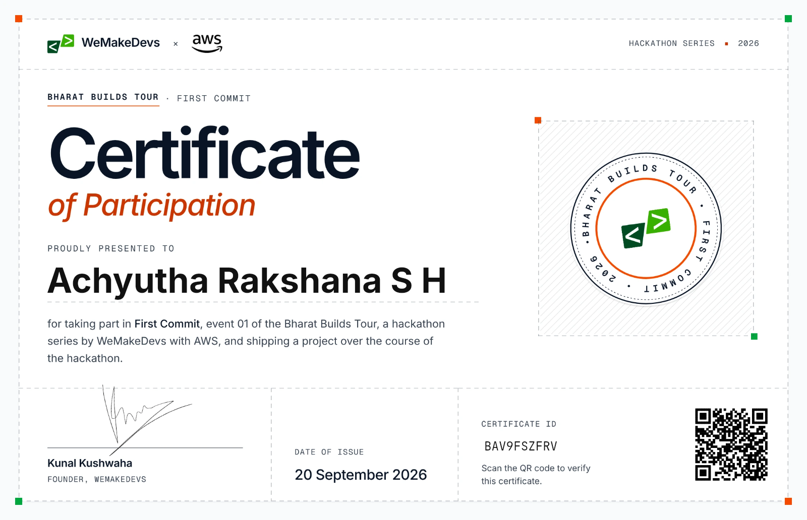 Certificate of Participation in the First Commit Hackathon, issued to Achyutha Rakshana S H