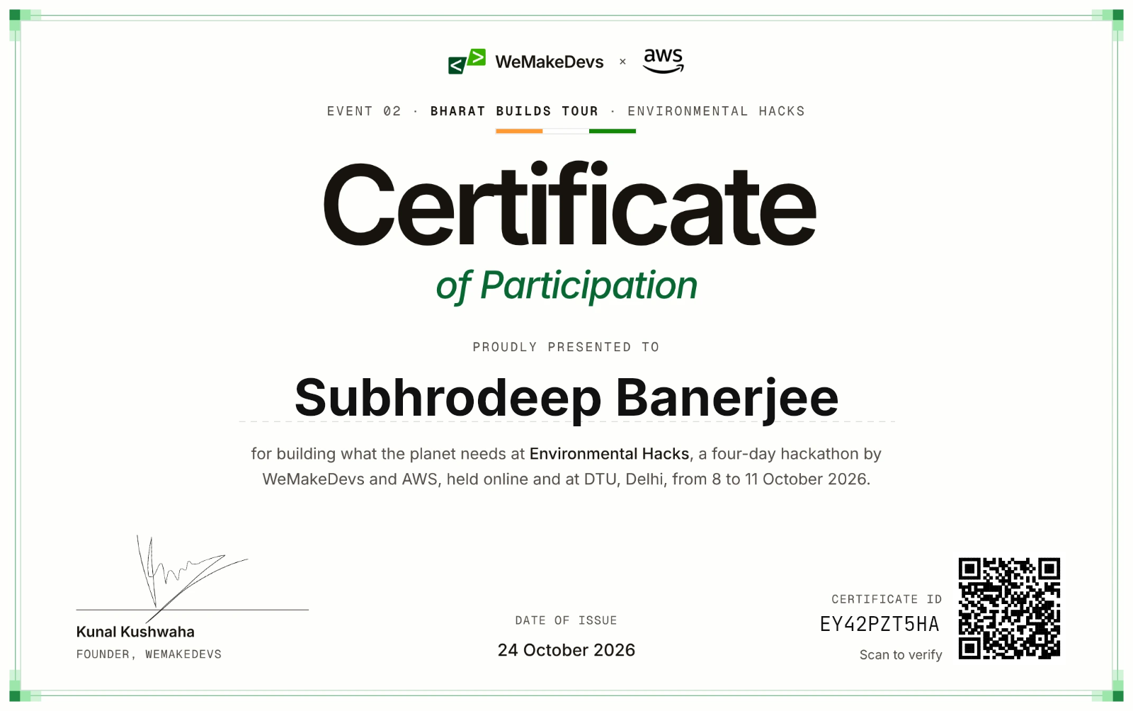 Certificate of Participation in Environmental Hacks, issued to Subhrodeep Banerjee