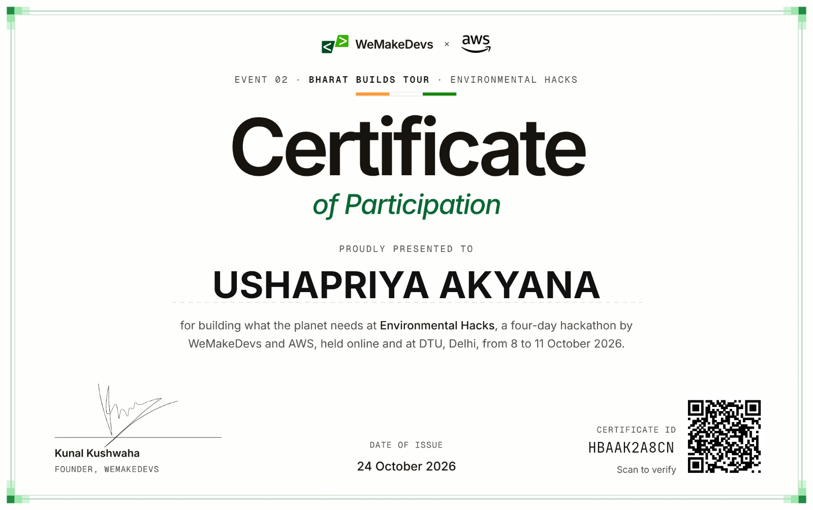 Certificate of Participation in Environmental Hacks, issued to USHAPRIYA AKYANA