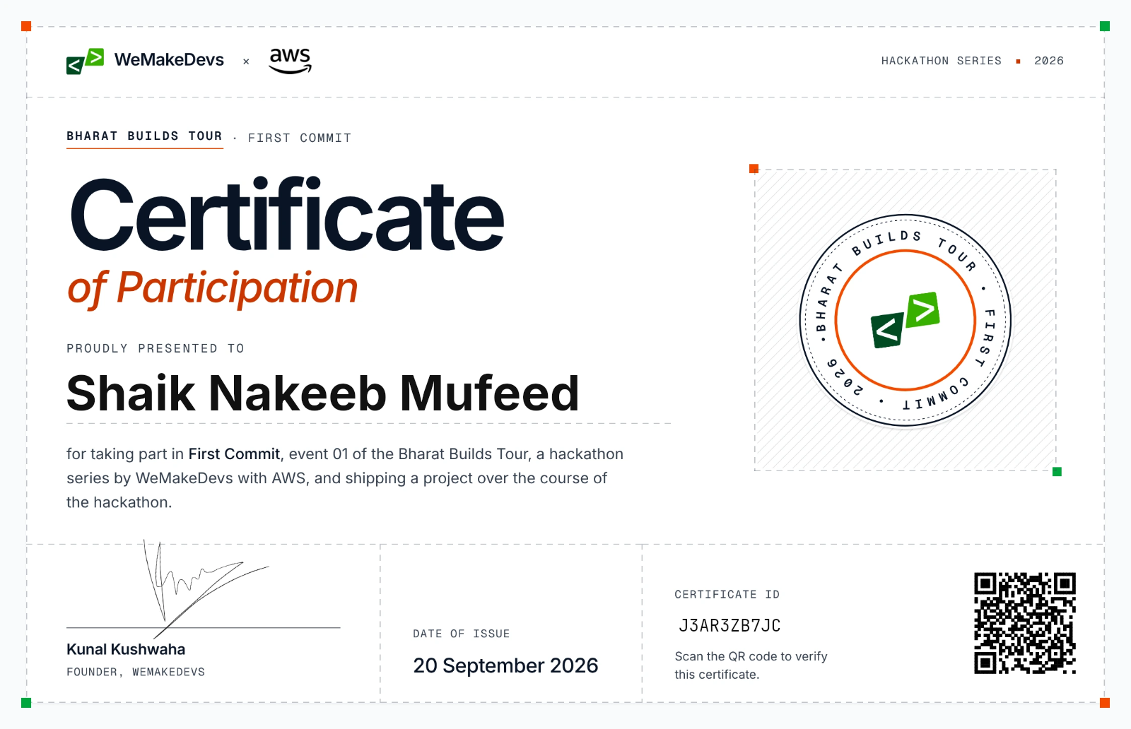 Certificate of Participation in First Commit, issued to Shaik Nakeeb Mufeed