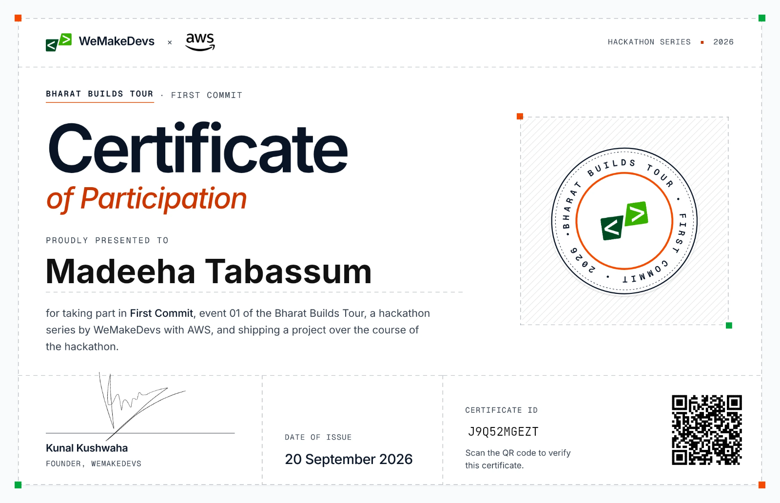 Certificate of Participation in First Commit, issued to Madeeha Tabassum