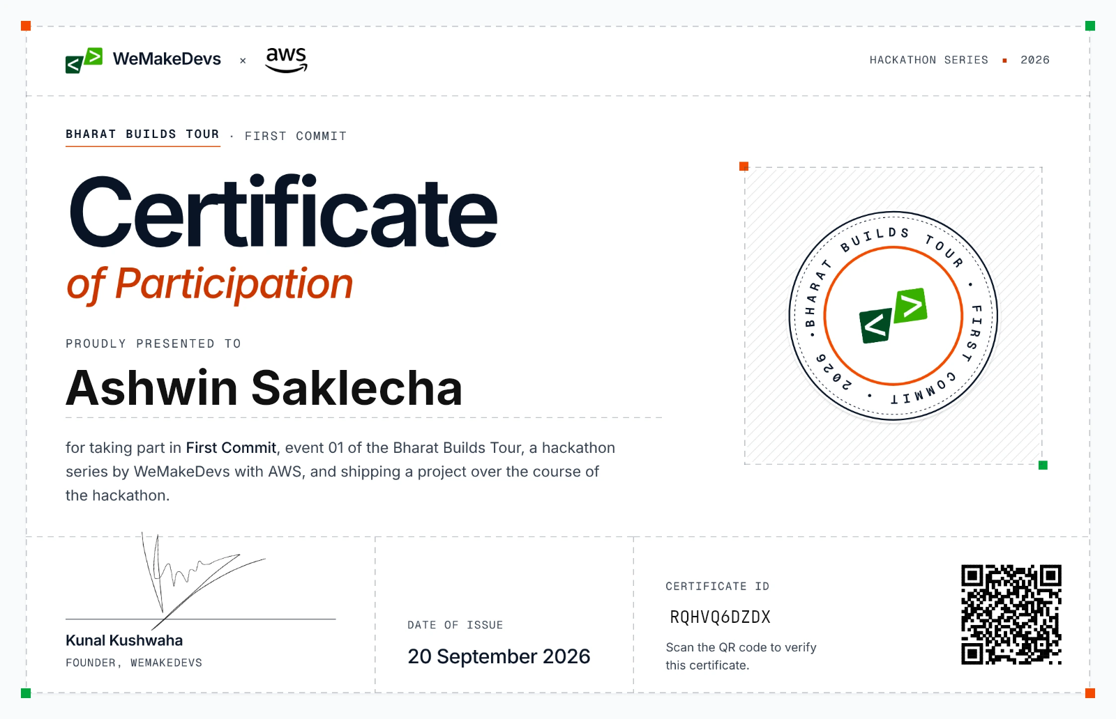 Certificate of Participation in the First Commit Hackathon, issued to Ashwin Saklecha