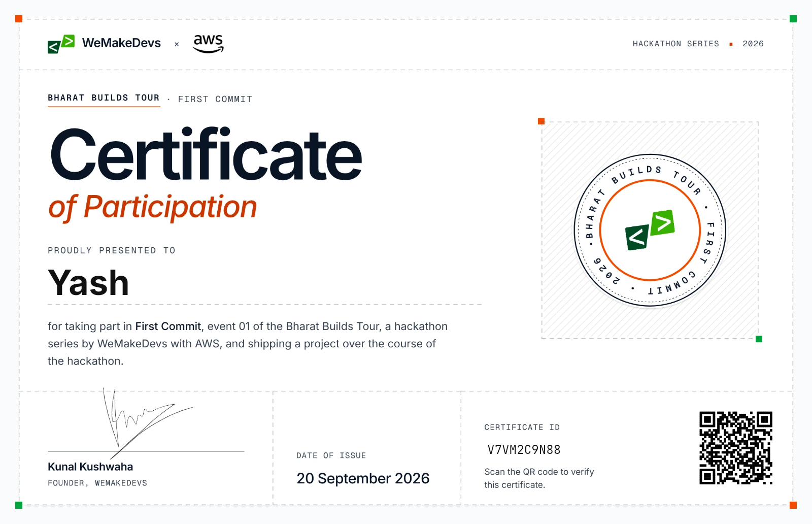 Certificate of Participation in the First Commit Hackathon, issued to Yash
