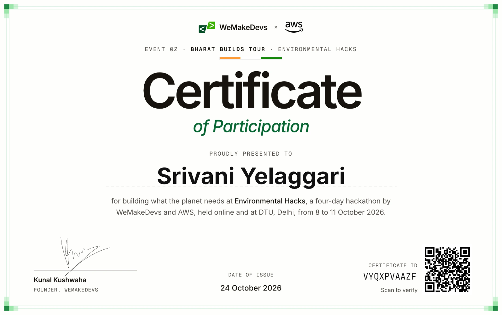 Certificate of Participation in Environmental Hacks, issued to Srivani Yelaggari