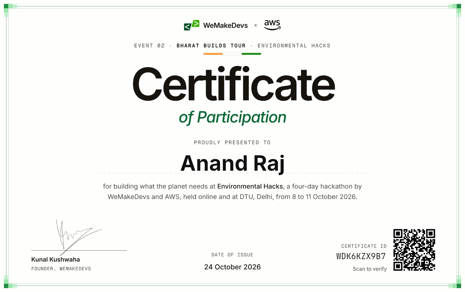 Certificate of Participation in Environmental Hacks, issued to Anand Raj